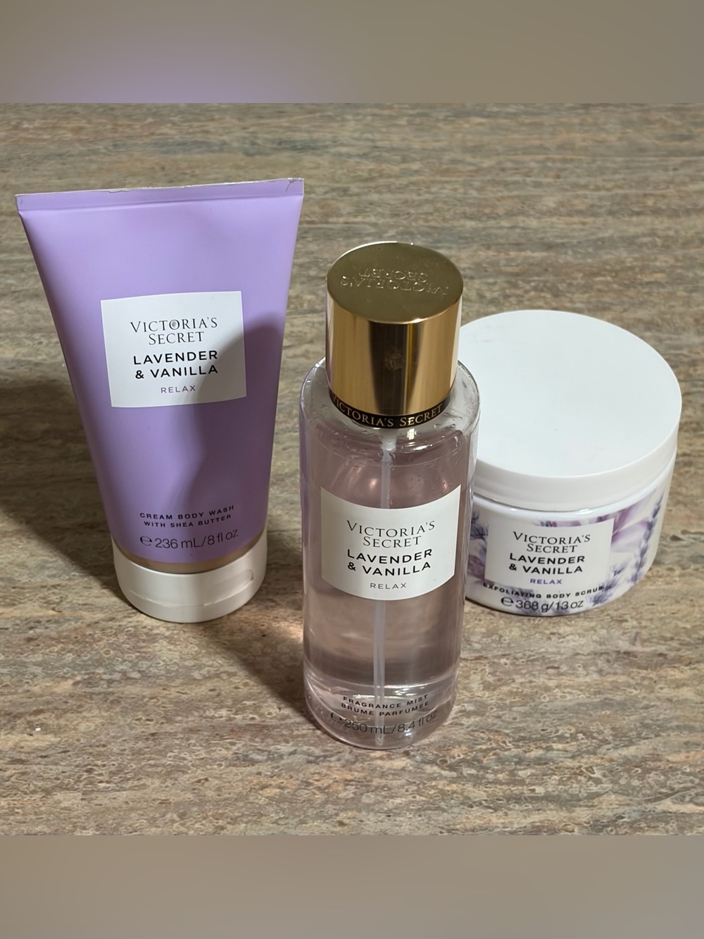 Victoria’s Secret Lavender Vanilla Relax Body Wash, Scrub, and Mist